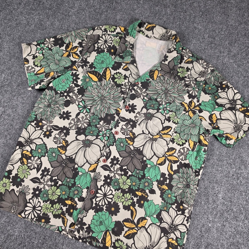 Mother Denim The Hooky Camp Shirt Mens XL Green Floral Short Sleeve